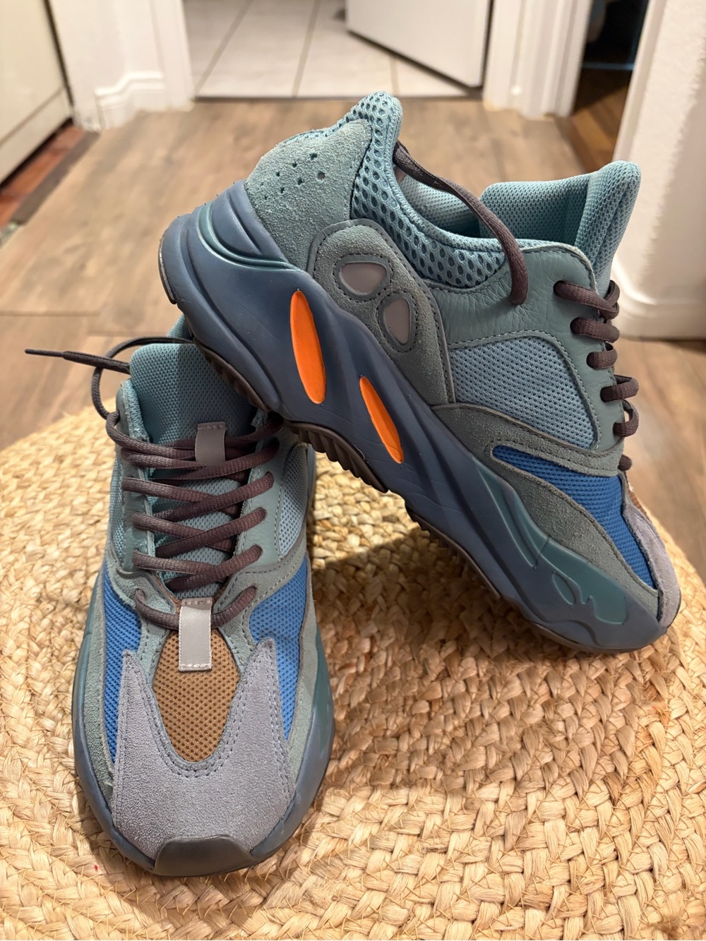 Yeezy Boost Inspired Men’s Sneakers - Teal/Blue with Orange Accents